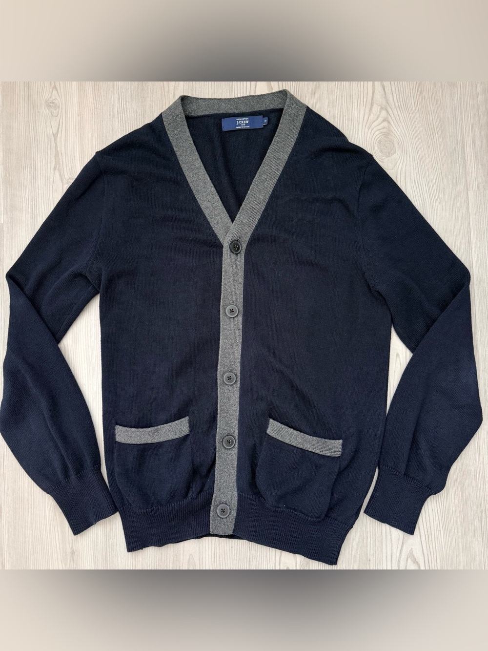 J.Crew Men's V-Neck Cotton Cardigan Sweater Navy Blue Gray Trim Pockets Small